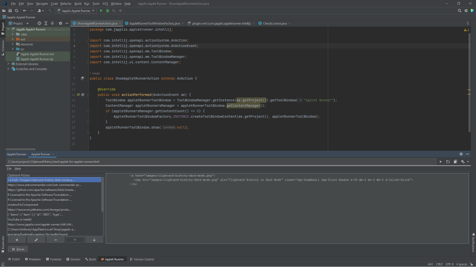 Clipboard History Pro Running in JetBrains IntelliJ IDEA via Applet Runner plugin