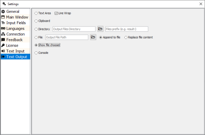 Output settings panel